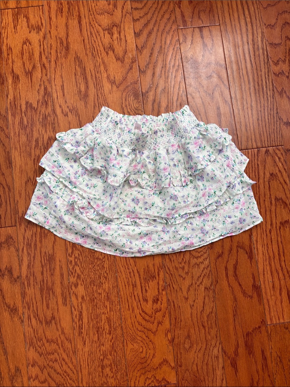 Francesca's Collections White Floral Ruffle Skirt with Pink and Purple Accents